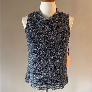 Halogen Women's Sleeveless Top / shell cowl neck mesh overlay stretchy navy wht